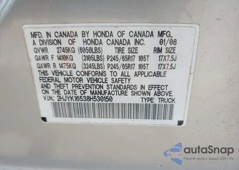 2008 Honda Ridgeline Rtl z USA, uszkodzony, nr VIN 2HJYK16538H530150